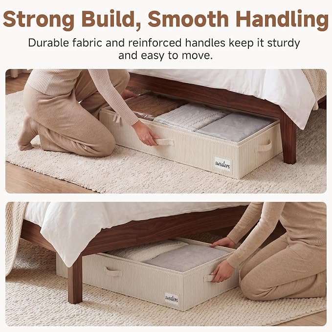 StorageWorks Large Under Bed Storage Containers with Handles and Label Holder, 2 Pack Ultra-thick Fabric Underbed Bins, Brown and White Stripes