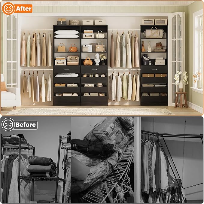 Aheaplus Closet System with 12 Drawers, 8.5-11.5Ft Wood Closet Organizer System with 4 Hanging Rods & 3 Towers, 4Ft & 6Ft L-Shaped Walk-in Closets Wardrobe Organizer Clothes Rack, Set of 3, Black1