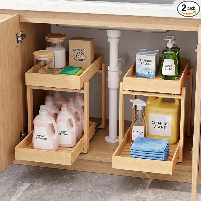MHXW SXPN Bamboo Under Sink Organizer, 2 Pack Pull Out Cabinet Organizer | 2 Tier Vertical Smooth Slide Out Undersink Storage Shelf | Multi-Purpose Organizer Shelves for Kitchen Bathroom Medicine
