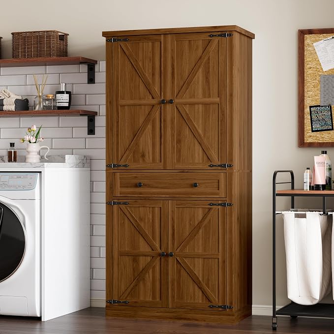 BORNOON Pantry Organizers and Storage Cabinet, 67.71” Barn Door White Kitchen Cabinet with Drawers and Adjustable Shelf, Tall Pantry for Kitchen, Dining Room, Living Room