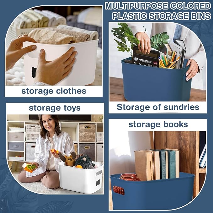 Thyle 12 Pack Blue White Plastic Storage Bins with Lids, Back to School Stackable Storage Container with Handle Label for Organizing Toy Craft for Classroom Shelf Bedroom Office 10 x 7 x 6 Inch