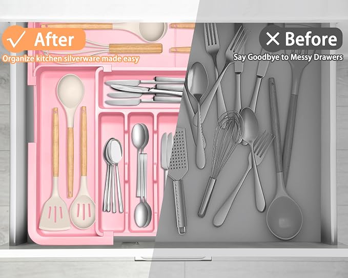 Silverware Organizer Expandable Kitchen Utensil Drawer Organizer Large BPA Free Adjustable Cutlery Silverware Tray for Spoons Forks Knives Storage Divider for Kitchen Flatware 6-9 Slots Pink