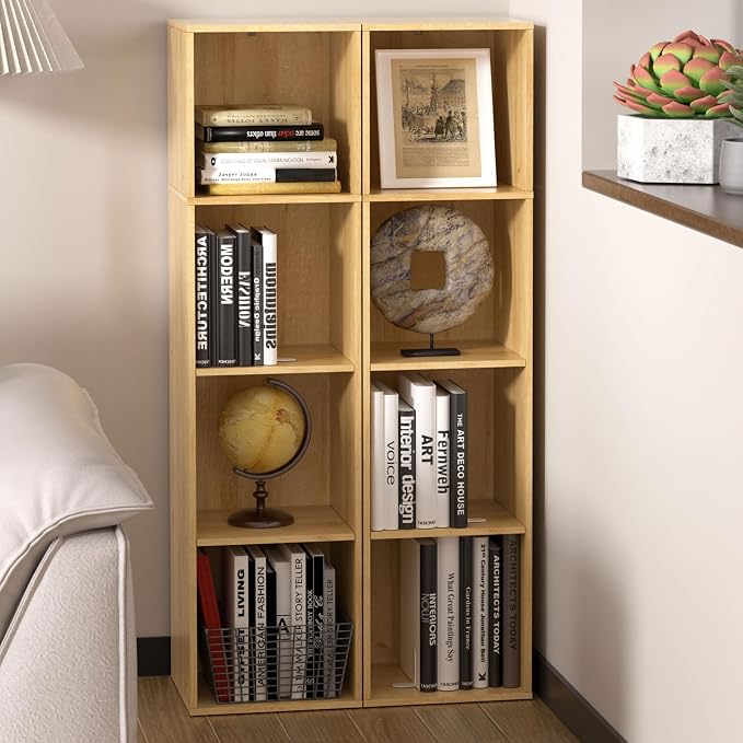 4 Cube Storage Organizer, 4 Tier Cube Low Bookcase Freestanding Storage Display Organizer, Four-Cubes Open Shelf Bookshelf for Home Office (Oak, 4-Cube)