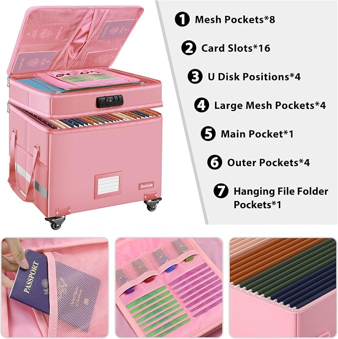 DocSafe File Box with Lock,2-Layer Fireproof Document Box with Wheels,Collapsible Rolling File Storage Organizer with Pockets,Large Portable Home Office Filing Cabinet Safe for Hanging Folders,Pink
