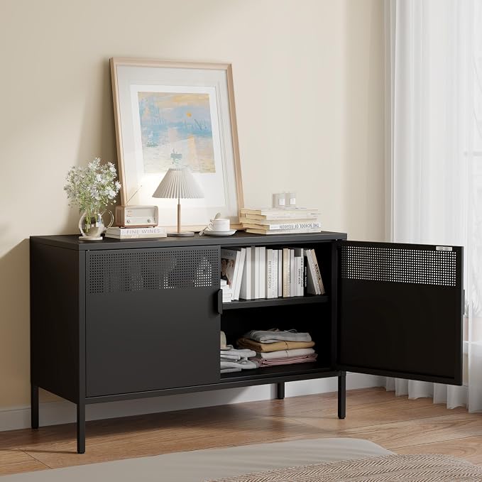 Metal Storage Cabinet with 2 Doors & Adjustable Shelves, Black | 25"H Accent Cabinet, Metal Locker Storage Cabinets, TV Stand Cabinet for Home, Office, Living Room, Entryway