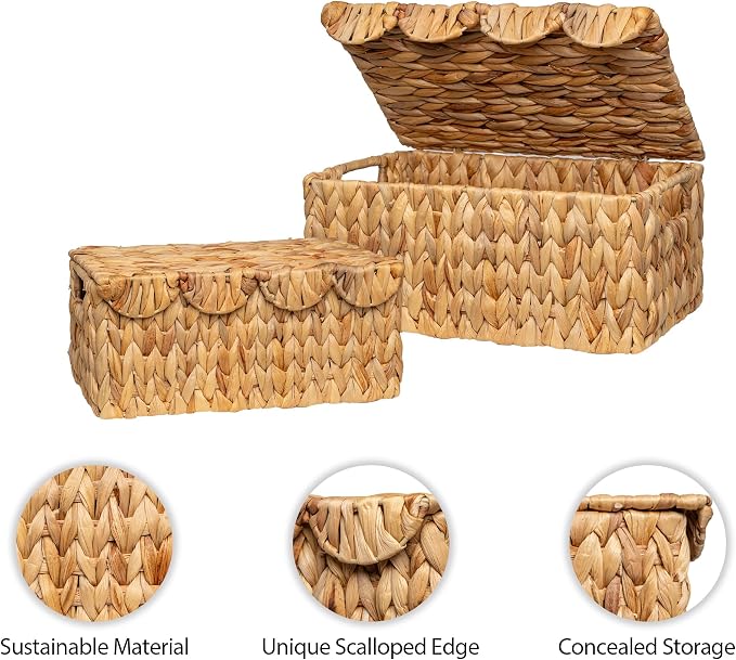 StorageWorks Wicker Basket with Scalloped Edge Lid, Handwoven Water Hyacinth Baskets for Bedroom, Living Room, 13" L x 9 ½" W x 6" H | Rattan Storage Baskets With Scalloped Edge, Basket With Lid Decorative Storage, Woven Wicker Basket For Living Room, ...