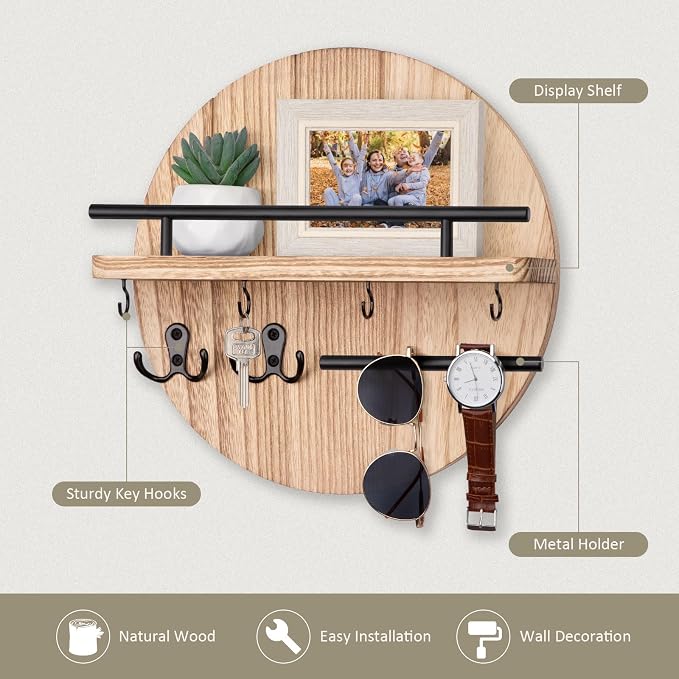 Nekon Key Holder Wall Mount, 11.8 Inch Key Rack with Shelf and 6 Key Hooks, Rustic Key and Mail Organizer, Circular Wooden Key Hanger for Entryway Hallway Kitchen (Wood)