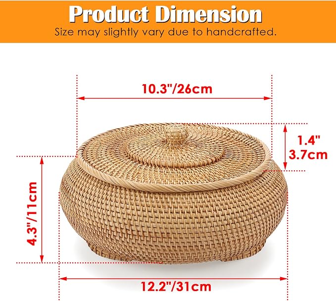 Hipiwe Round Rattan Boxes with Lid, X-Large Woven Bread Basket Natural Rattan Basket Wicker Storage Box Decorative Basket for Coffee Table Farmhouse Picnic Fruit Storage Basket