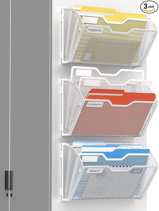 Docnest 3 Pack 3 Tier Dual-Mount Magnetic Mesh File Holders, Wall Organizer | Mount magnets or screws. 2-in-1 hanging mesh mail letter organizer with hooks for office and home clutter