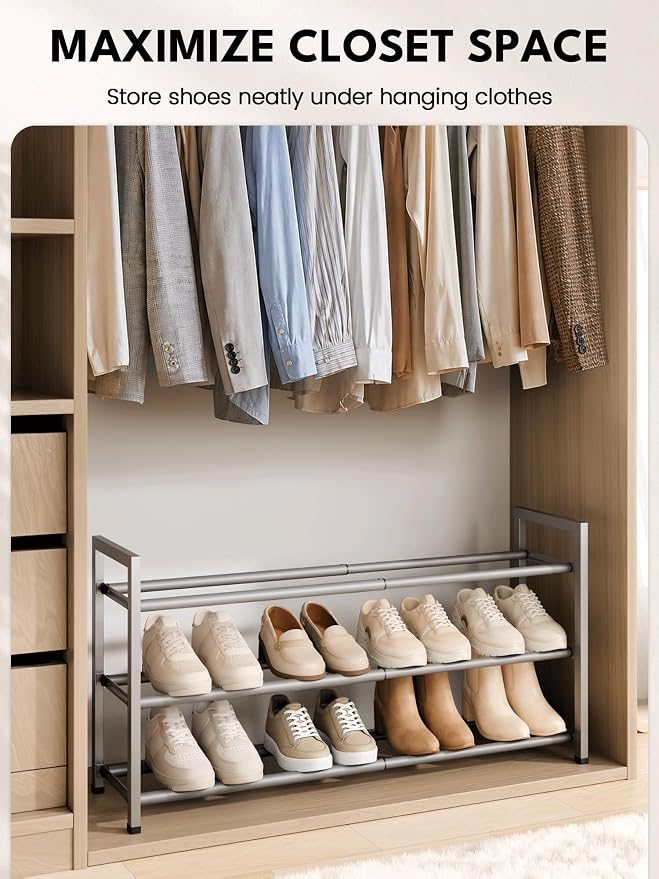 Bumusty 3 Tier Expandable Shoe Rack for Closet, Light Grey | 18"-33" Adjustable Shoe Rack for Entryway, Small Shoe Organizer for Dorm, Front Door, Sturdy Metal