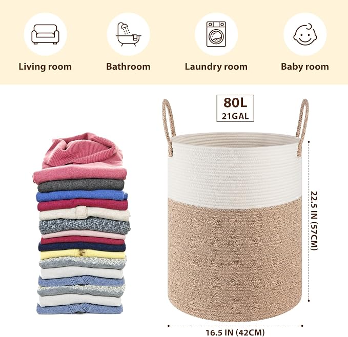 OIAHOMY Large Laundry Basket Hamper - 80L Cotton Rope Woven Basket for Blankets, Toys, Clothes - Tall Decorative Nursery Hamper with Long Handles, Brown/White