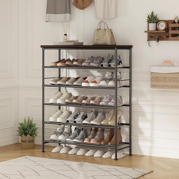 SUOERNUO 6 Tier Shoe Rack Organizer for Closet Shoe Storage for Entryway | Free Standing with MDF Top Board,Sturdy Metal Frame,Ideal for Living Room,Hallway Black