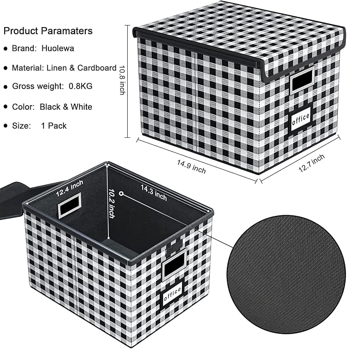 File Organizer Box with Lids, Collapsible File Folder Organizer | File Box with Plastic Slides for Document, Filing Bin for Letter Size Hanging File Folders (1 Pack, Black & White Lattice)