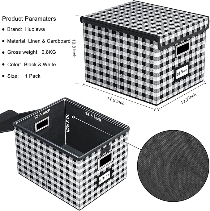 File Organizer Box with Lids, Collapsible File Folder Organizer | File Box with Plastic Slides for Document, Filing Bin for Letter Size Hanging File Folders (2 Pack, Black & White Lattice)