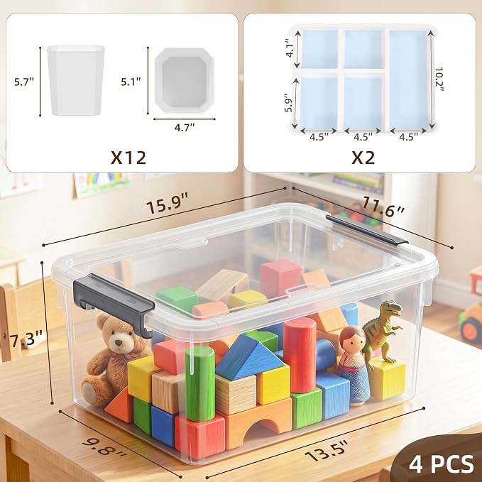 Citylife 17 QT Plastic Storage Bins Clear Storage Box with Lids Multipurpose Stackable Storage Containers for Organizing Tool, Craft, Crayon, 4 Packs