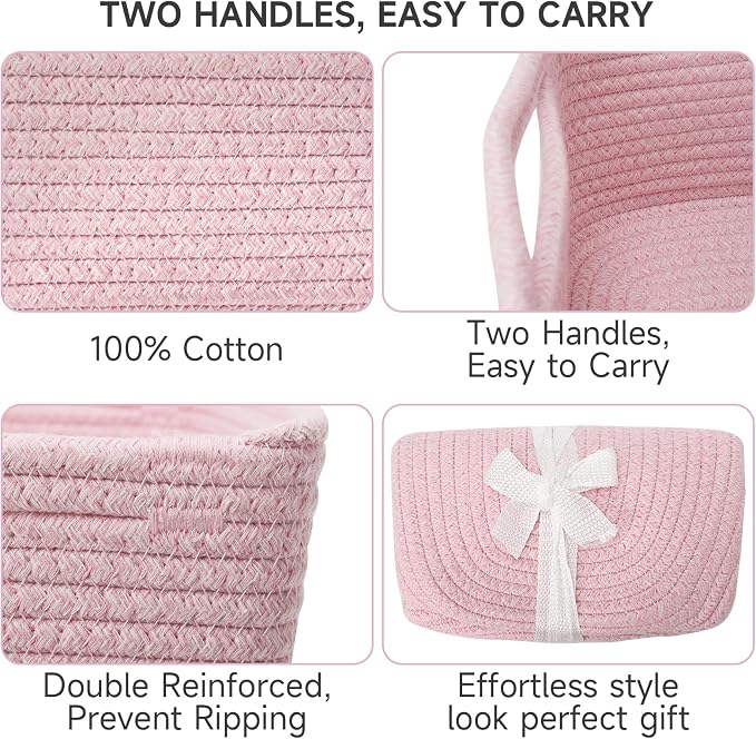 Shelf Baskets for Organizing | Storage Basket for Shelves | Small Woven Baskets | Rope Toy Basket | Closet Organizer Bins | Cube Decorative Box | 11.8×7.8×5.1” | 3 Pcs Mixed Pink