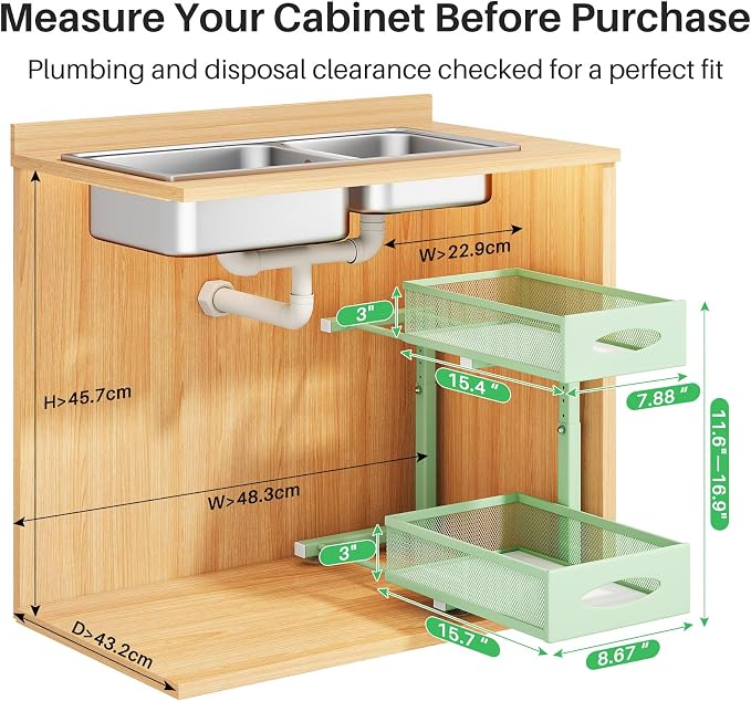 2 Pack Under Sink Organizer, 2 Tier Pull out Cabinet Organizer Mesh Baskets with 5 Adjustable Heights, Sliding Drawers Storage Shelf for Home, Kitchen, Bathroom, Pantry, Office, Countertop ,Green