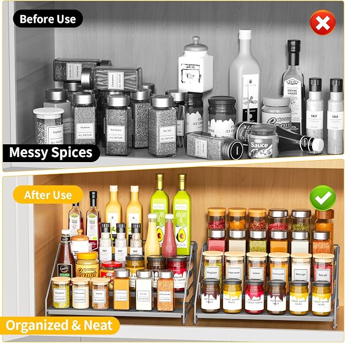 2 Pack Spice Rack Organizer for Cabinet, Depth Adjustable 4 Tier Spice Rack | Silver, Metal Spice Organization for Cabinet, Easy Visibility, Tiered Spice Rack Perfect for Cabinet, Pantry and Countertop