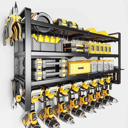Hipidian Power Tool Organizer Wall Mount - Storage Rack with 4 Drill Holders for Drills Cordless Tools. Heavy Duty Iron Garage Tool Organizer Storage for Workshop Shed (8 Slots 4 Layers)