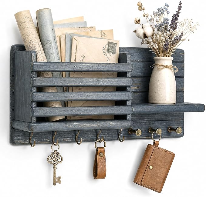Rebee Vision Key Holder Wall Mount with Mail Slot for Entryway, Royal Blue | Key Holder for Wall, Mail Sorter, 8 Key Hooks for Hats, key Hanger, Floating Shelf, Small Plant Display, Apartment Aesthetic