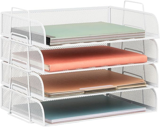 Mind Reader Stackable Paper Tray, Desktop Organizer, File Storage, Office, Metal Mesh, 4 Pcs., White