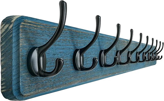 Coat Rack Wall: 38-1/4" Long, Patented, Heavy-Duty, 10-Double-Hooks Wooden Wall Mounted Coat Rack Coat Hanger Hook Rail for Winter Coats Hat Jacket Clothing, Weathered Blue