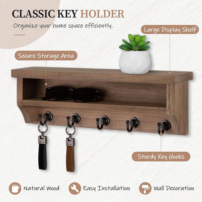 Nekon Key Holder Wall Mount, Wall Organizer Shelf with 5 Key Hooks, Room Decor for Home and Apartment Essentials, Brown