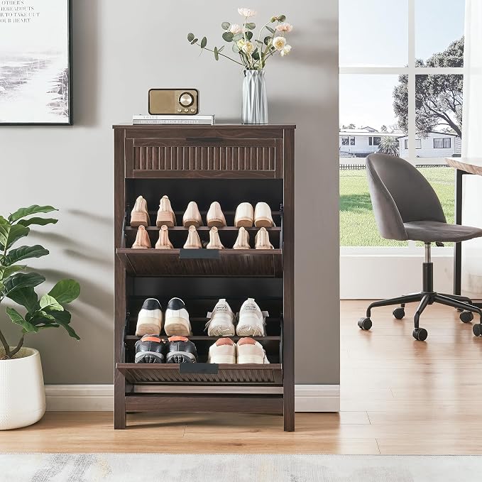2-Flip Drawer Shoe Cabinet Narrow Entryway Rack, Brown | Vertical Wood Grain, Metal Handles, Adjustable Compartments, Removable Shelf, Anti-Tip Device, for Hallway Foyer Entryway