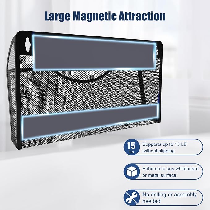 Magnetic File Holder 2 Pockets File Folder Organizer, Office Hanging Magazine Rack for Refrigerator, White Board, No Drilling Paper Document Holder Mail Organizer for File Cabinets