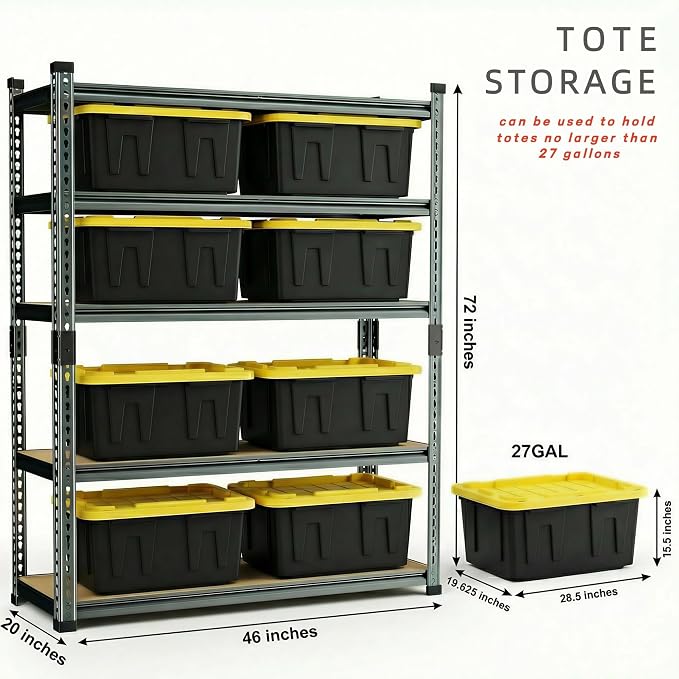 Garage Storage Shelves 46" W x 20" D x 72" H, 3000 LBS Heavy Duty Shelving Unit 5-Tier Adjustable, Extra Wide Boltless Metal Storage Rack for Garage Warehouse Basement