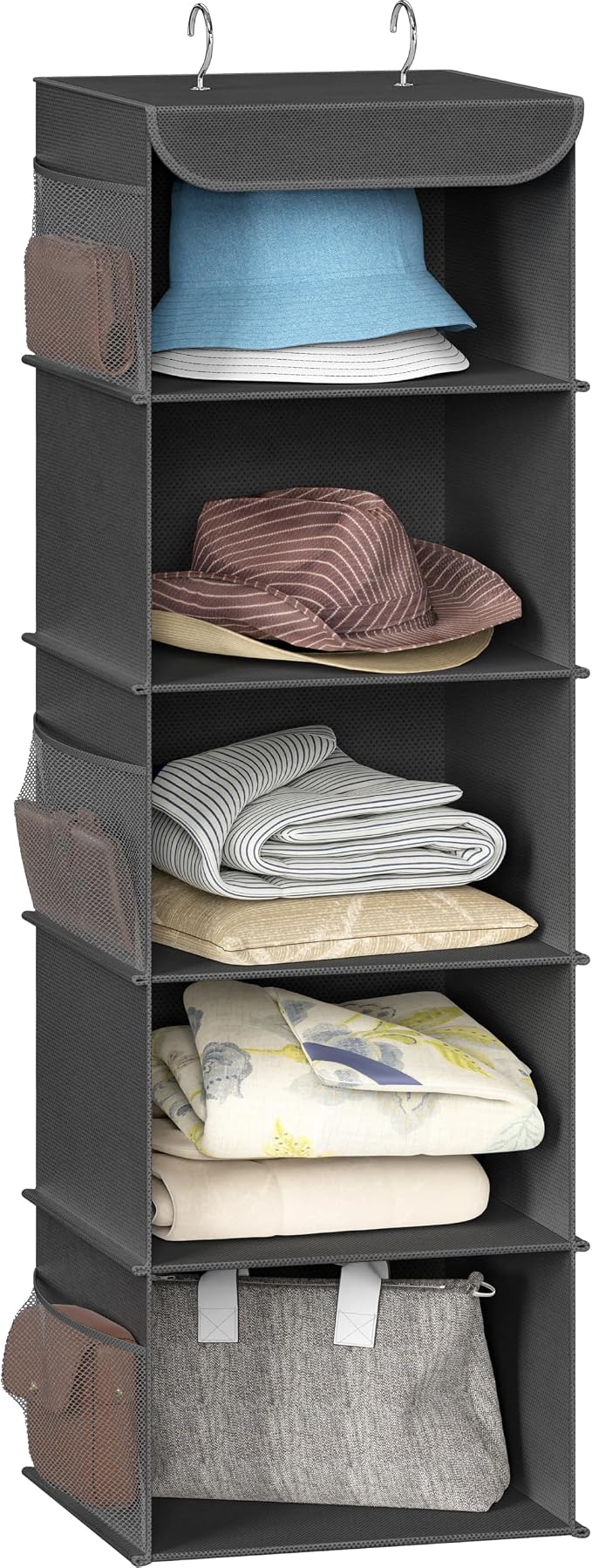 Simple Houseware 5 Shelf Hanging Closet Organizer, Dark Gray | 360° Rotating Dual Hooks, Top Support Metal Frame, 6 Side Mesh Pockets