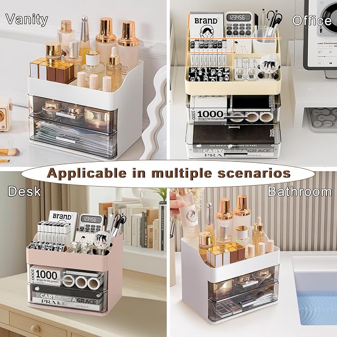 DASITON Makeup Organizer with 2 Drawers, Large Capacity Makeup Cosmetic Organizers for Vanity Dresser Bathroom Countertop, Vanity Organizer Makeup Storage Box for Skincare, Eyeshadow, Lotions (Pink)