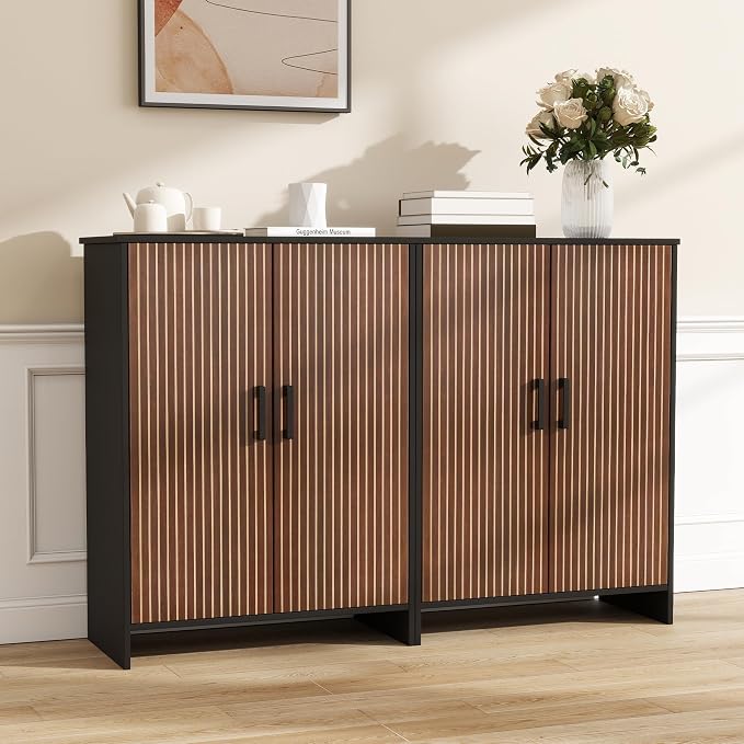 Bathroom Storage Cabinet, Floor Cabinet with 2 Fluted Doors and 2 Adjustable Shelves Wooden Freestanding Organizers and Storage, Black