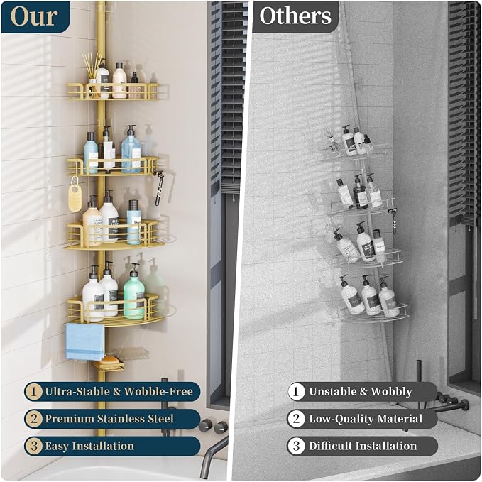 Consumest Corner Shower Caddy Tension Pole - Rustproof Shower Shelves with Towel Bar & Soap Holder, Adjustable Bath Organizer for Bathroom Storage, 27.6-108.3 inch, Gold