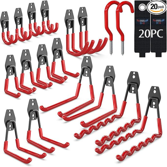 3-H Heavy Duty Garage Wall Hooks 20 Pack, Anti-Slip PVC Coating Wall Mount Garage Storage Utility Hooks, Heavy Load Organizer for Ladders, Yard Tools, Shovel, Weed Eater, Hoses & Bulk Items,Red | Multi-Purpose Garage Hooks to Organize Garden Lawn Tools...