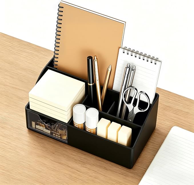 HBlife Acrylic Desk Organizer with Drawer, Pen & Pencil Holder, Multifunctional Desktop Caddy for Office Supply and Organization