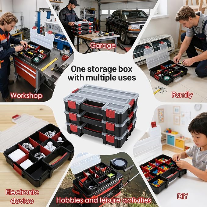 famuka Tool Storage Boxes 3-Pack Small Parts Organizers (Red) | 10 Compartments with Removable Divides