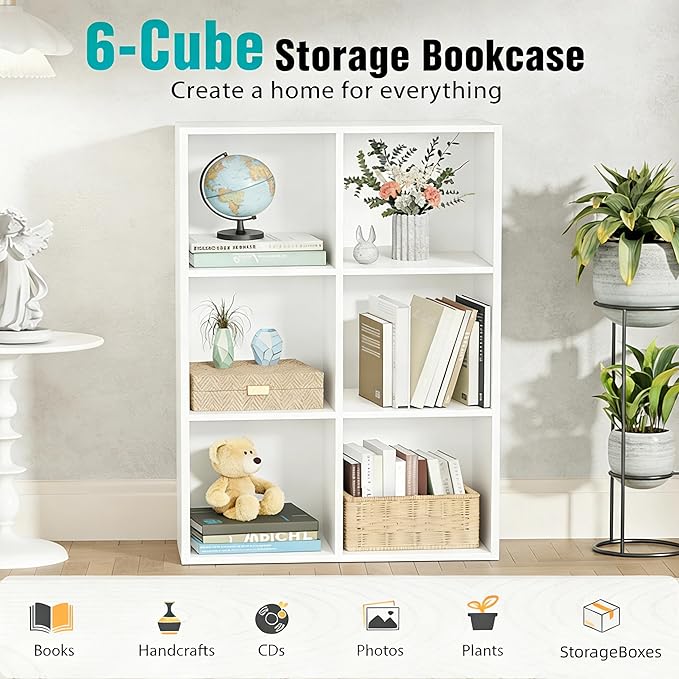 HealSmart 6 Cube Storage Organizer, 3 Tier Stackable Bookshelf, Open Cube Bookshelf with 3 Removable Back Panels, Suitable for Living Room, Bedroom, Home Office, 36" L X 11.6" W X 24" H, White