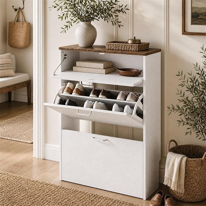 VINGLI Shoe Cabinet Storage for Entryway,Rustic White Narrow Shoe Rack,25"W | 8–12 Pairs,Skirting Board Cutout,1 Drop-Down Drawer,9.4"D Ultra Slim,Washed White & Vintage Brown,2 Flip Drawers,Farmhouse