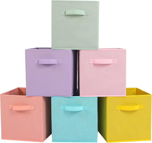 Stero Fabric Storage Bins 6 Pack Fun Colored Durable Storage Cubes with Handles Foldable Cube Baskets for Home, Kids Room, Closet and Toys Organization Cyan, Green, Yellow, Purple, Pink and Peachpuff