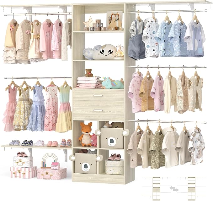 Besiost Closet System - 5-8FT Closet Organizer System with Wooden Drawers & Cube Storage Organizer, Up To 96" Closet Systems for Nursery & Walk-In Closets with Cuttable Hanging Shelving, Greige Oak