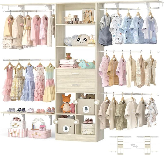 Besiost Closet System - 5-8FT Closet Organizer System with Wooden Drawers & Cube Storage Organizer, Up To 96" Closet Systems for Nursery & Walk-In Closets with Cuttable Hanging Shelving, Greige Oak