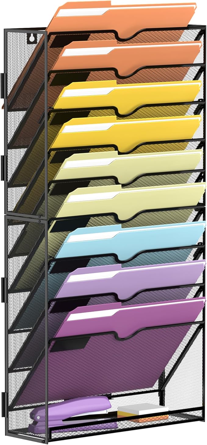 SUPEASY 10Tier Hanging Wall File Holder Organizer for Papers, Folders, Files Clipboard & Magazine Organization Great for Office Home, Assembly Needed, Black | Paper, Folder, Magazine Rack Great for Office Home School, Assembly Needed, Black