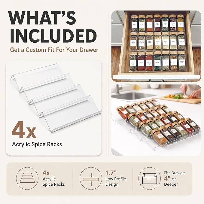 Acrylic Spice Drawer Organizer 4 PK, Expandable 13"-26" Acrylic Spice Rack for Drawer Seasoning Organizer Tray, Shelf Stackable 4-Tier Herb Jar Rack Insert for Kitchen Cabinet, Herb Jars Not Included