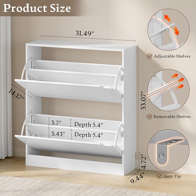 BORNOON Shoe Cabinet with 2 Flip Drawers, Slim Narrow Shoe Storage Cabinet, Freestanding Shoe Organizer with Adjustable & Removable Shelves, Top Display Shelf for Entryway, Hallway, Foyer, Closet