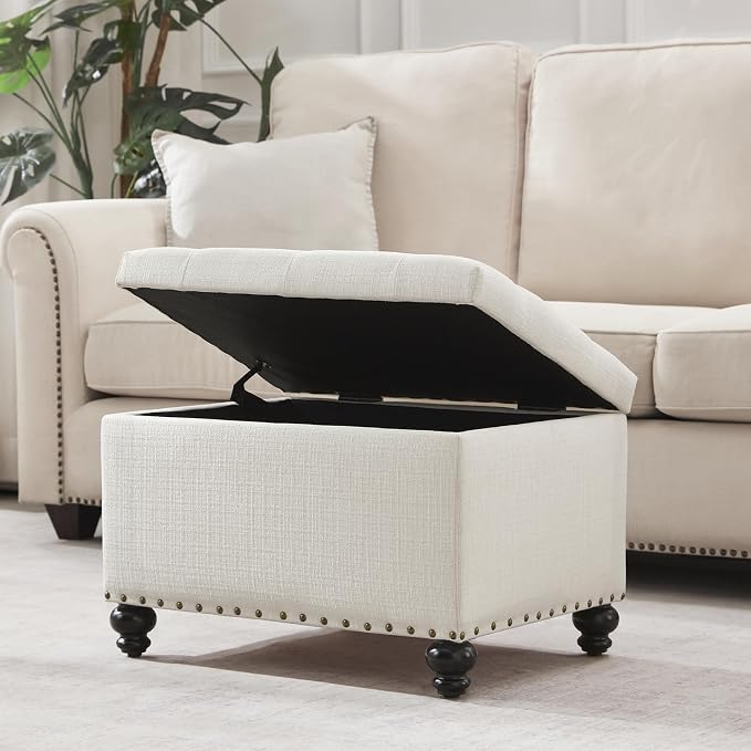 Zihanhome Small Storage Ottoman, Tufted Ottoman Foot Rest, Foot Stools, 24" Upholstered Rectangle Bench with Solid Wood Legs for Living Room, Bedroom, Dorms and Apartments (White)