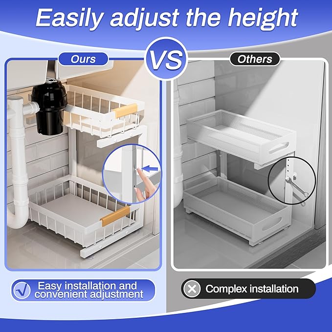 ADBIU 2 Pack Under Sink Organizers and Storage, Height Adjustable 2-Tier Pull Out Cabinet Organizer, Heavy Duty Slide Out Sink Shelf Drawer for Kitchen Bathroom Organization