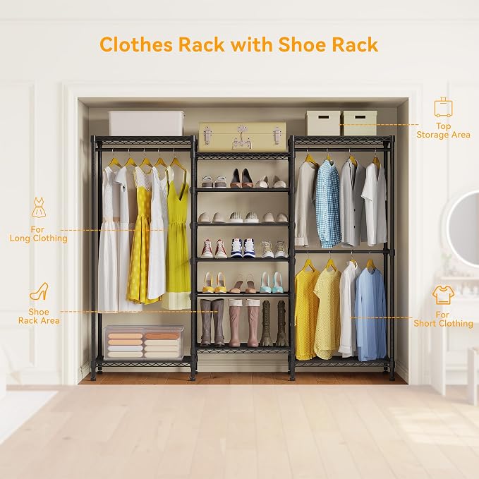 Higeego H12 Heavy Duty Clothes Rack, Black | Freestanding Clothing Rack with 6-Tier Adjustable Shoe Rack, 3 Hanging Rods, 15.7" D x 68.7" W x 76.4" H