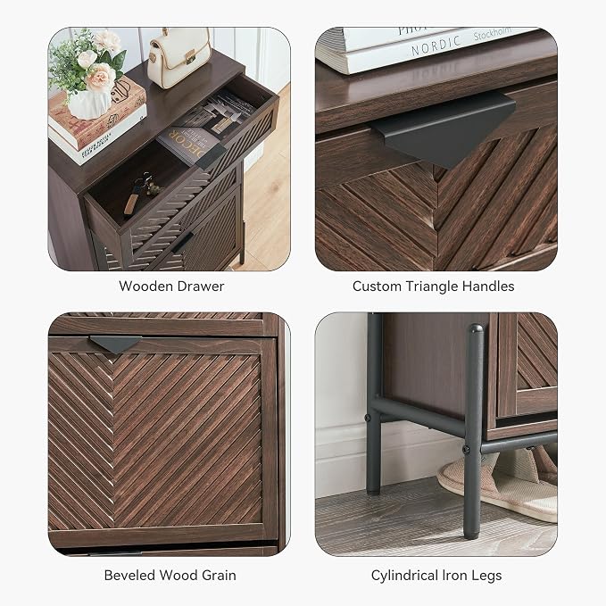 Shoe Cabinet with 2 Flip Drawers, Narrow Entryway Rack, Brown | Slanted Wood Grain, Freestanding, Adjustable Compartments, Removable Middle Shelf, Metal Handles, for Hallway Foyer Entrance