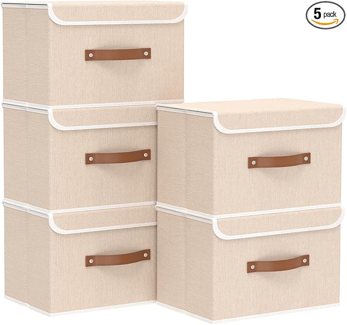 Yawinhe Fabric Storage Boxes with Lids,Beige,15.0x9.8x9.8in,5-Pack | Container with Leather Handle,Washable Storage Basket, Clothes Blanket Bin,Collapsible Closet Organizer for Bedroom